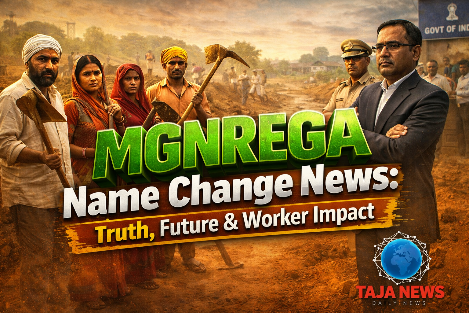 MGNREGA future name change news showing rural workers with tools and government officials impact on workers