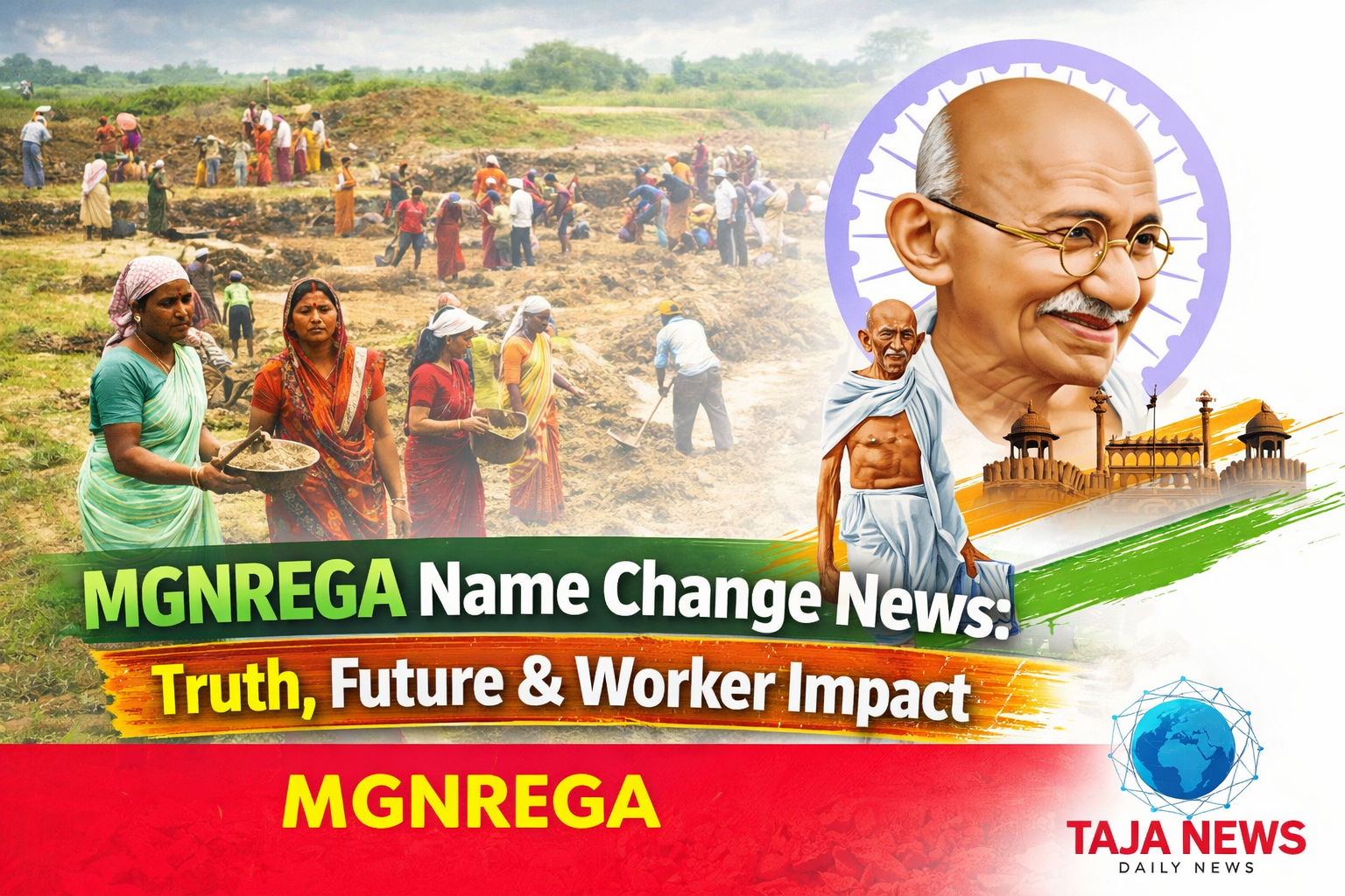 MGNREGA future name change news showing rural workers with tools and government officials impact on workers